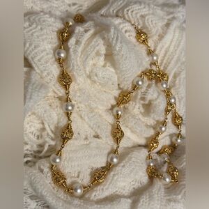 Napier Necklace Faux Pearl Gold-Tone Filigree Beads Vintage Costume Jewelry